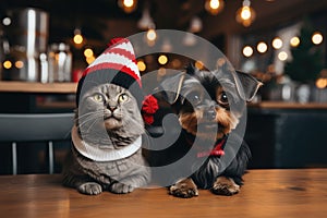 Yorkshire terrier with a red bow tie and a cat with a scarf and hat at the bar at the table, card