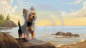 Nostalgic Children\'s Book Illustration: Yorkshire Terrier Puppy By The Ocean photo