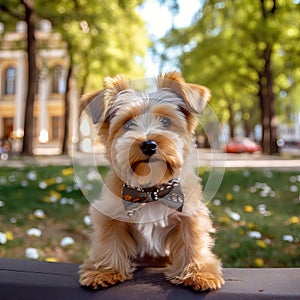 A Yorkshire terrier in a stylish bow tie poses against the blurred background of a city park. Generative AI