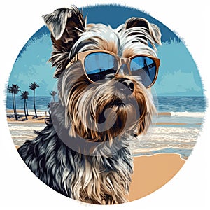 Yorkshire Terrier With Sunglasses On Beach Canvas Painting photo