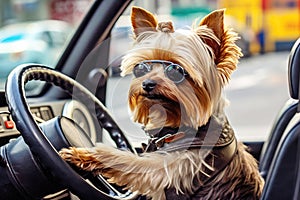 Yorkshire terrier with sunglasses takes control of the automobile, enjoying the ride. Concept of pet travel
