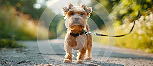 Yorkshire Terrier with a Trimmed Coat Strolling on a Leash along an Asphalt Path on a Sunny Day.