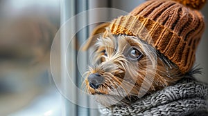 Yorkshire Terrier In Warm Orange Beanie And Grey Scarf Looking Out Window Reflecting Light