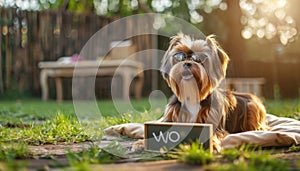 Yorkshire Terrier wearing sunglasses lying down next to sign saying Woof