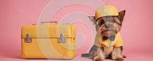 A Yorkshire terrier wearing a yellow baseball cap and shirt sits next to a yellow suitcase on a pink background.