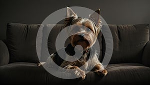 A Yorkshire Terrier (yorkie) sits on the couch for a photo