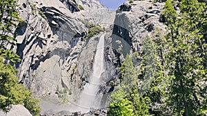 Yosemite Big waterfall close up. Yosemite national Park, California, USA. Waterfall on the rocks of stone.