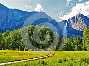 Yosemite Falls with Green Meadow