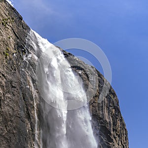 Yosemite Falls plunging down a cliff against sky