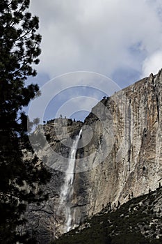 Yosemite Falls With Tree Blue Sky And White Clouds