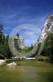 Yosemite mountains reflected in Mirror Lake