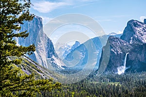 Yosemite national park, California, beautiful Tunnel View with waterfall