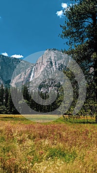 Yosemite National Park landscape of Bridalveil falls hike, blue sky