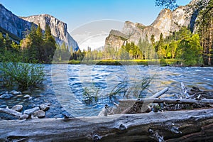 Yosemite National park with river in foreground,California,usa.