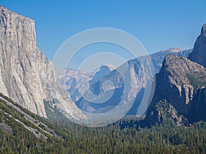 Yosemite national park, Tunnel view, El Capitan cliffs and granite rocky landscapes, giant sequoia and muir forest grove