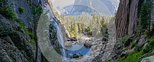 Yosemite national park, Waterfalls. El Capitan cliffs and granite rocky landscapes, giant sequoia and muir forest grove