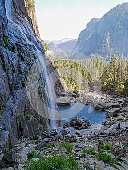 Yosemite national park, Waterfalls. El Capitan cliffs and granite rocky landscapes, giant sequoia and muir forest grove
