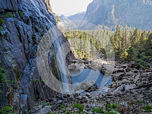 Yosemite national park, Waterfalls. El Capitan cliffs and granite rocky landscapes, giant sequoia and muir forest grove