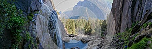 Yosemite national park, Waterfalls. El Capitan cliffs and granite rocky landscapes, giant sequoia and muir forest grove