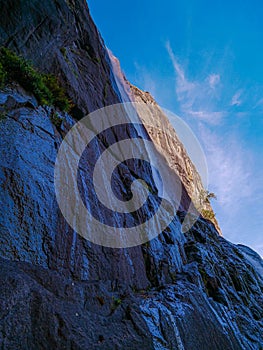 Yosemite national park, Waterfalls. El Capitan cliffs and granite rocky landscapes, giant sequoia and muir forest grove