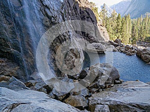 Yosemite national park, Waterfalls. El Capitan cliffs and granite rocky landscapes, giant sequoia and muir forest grove