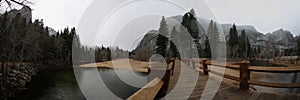 Yosemite Valley Bridge, Water fall, Eagle Peak, and Cathedral Rocks East Panorama/Banner