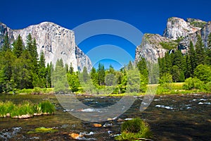 Yosemite Valley with El Capitan Rock and Bridal Veil Waterfalls