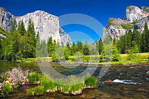 Yosemite Valley with El Capitan Rock and Bridal Veil Waterfalls