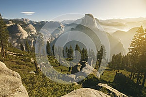 Yosemite valley with half dome during morning sunrise