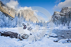 Yosemite Valley Merced River. Serene winter scene