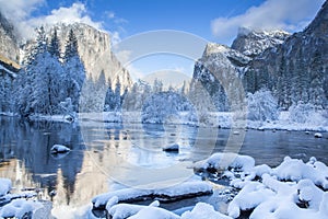 Yosemite Valley Merced River. Serene winter scene photo