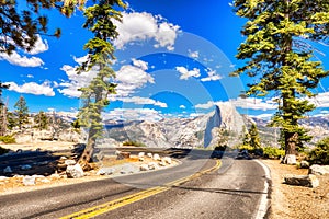 Yosemite Valley Road to Glacier Point with Half Dome at Background during a Sunny Day, Yosemite National Park