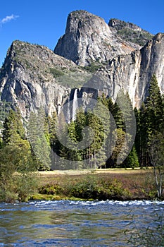 Yosemite waterfall with river and fall colors