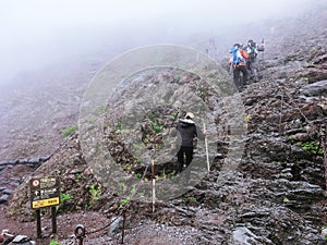 The Yoshida trail climbing Mount Fuji