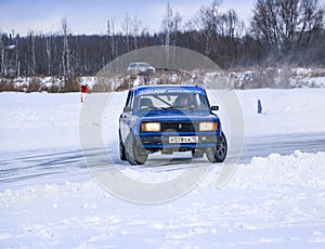 YOSHKAR-OLA, RUSSIA, JANUARY 11, 2020: Winter car show for  Christmas holidays for all comers - single and double drift, racing on