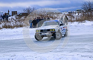 YOSHKAR-OLA, RUSSIA, JANUARY 11, 2020: Winter car show for  Christmas holidays for all comers - single and double drift, racing on