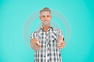 You are awesome. Man mature hipster blue background. Masculinity and brutality. Guy bristle pointing at you. Support and