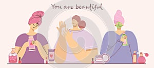 You are beautiful. Collage of cosmetics and body care products for make up near the girls . Vector modern illustration in flat