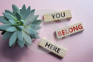You belong here symbol. Wooden blocks with words You belong here. Beautiful pink background with succulent plant. Business and You