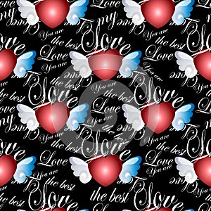 You are the best. Vector love words seamless pattern. 3d red love hearts with angel wigs. Calligraphic vintage quotes, phrases, l