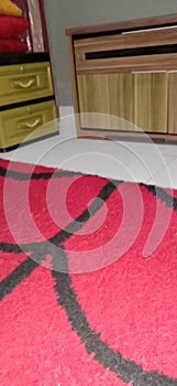 You can see soft red ambal mats with black stripes in the living room