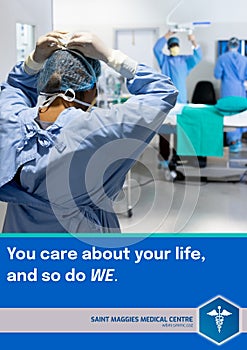 You care about your life so do we text, medical centre name and logo over diverse surgeons at work