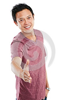 You dont get a second chance at a first impression. Studio portrait of a young man holding out his hand for a handshake