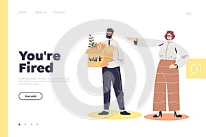 You are fired concept of landing page with business woman dismissing employee