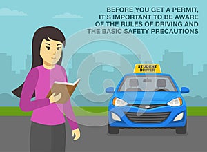 Before you get a permit, it`s important to be aware of the rules od driving and precautions. Femalte student driver reading a book