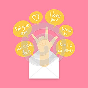 You got mail concept idea love hand sign language pop up from mail illustration and text english japanese vietnam german chinese