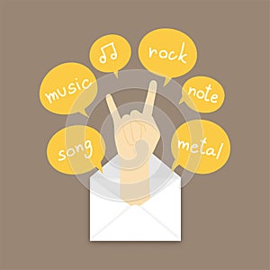 You got mail concept idea rock hand sign language pop up from mail illustration and text box isolated on brown color background,