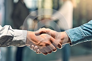 You have to give respect to get it. Shot of two unidentifiable young business partners shaking hands in the office.