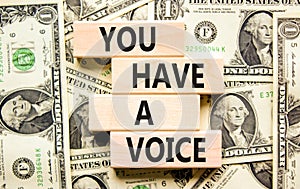You have a voice symbol. Concept words You have a voice on wooden blocks. Beautiful background from dollar bills. Business,