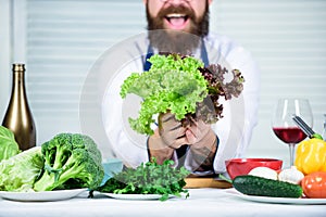 That is for you. Healthy food cooking. Bearded man cook in kitchen, culinary. Chef man in hat. Secret taste recipe